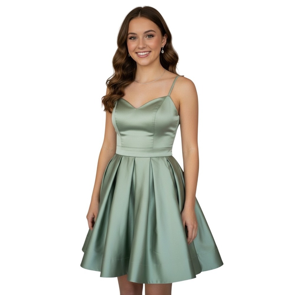 Sage Green Satin Fit and Flare Cocktail  Party Dress‎ Strappy Corset Back Size 8